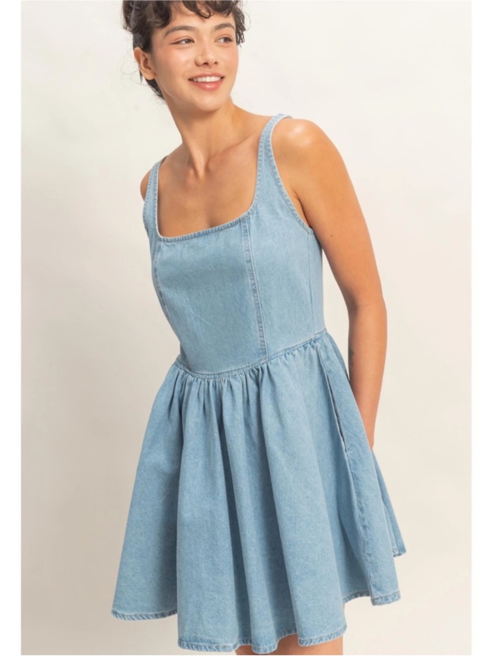 NEW Double Zero Scoop Neck Denim Mini Dress Small 100% Cotton Flowy Fit & Flare